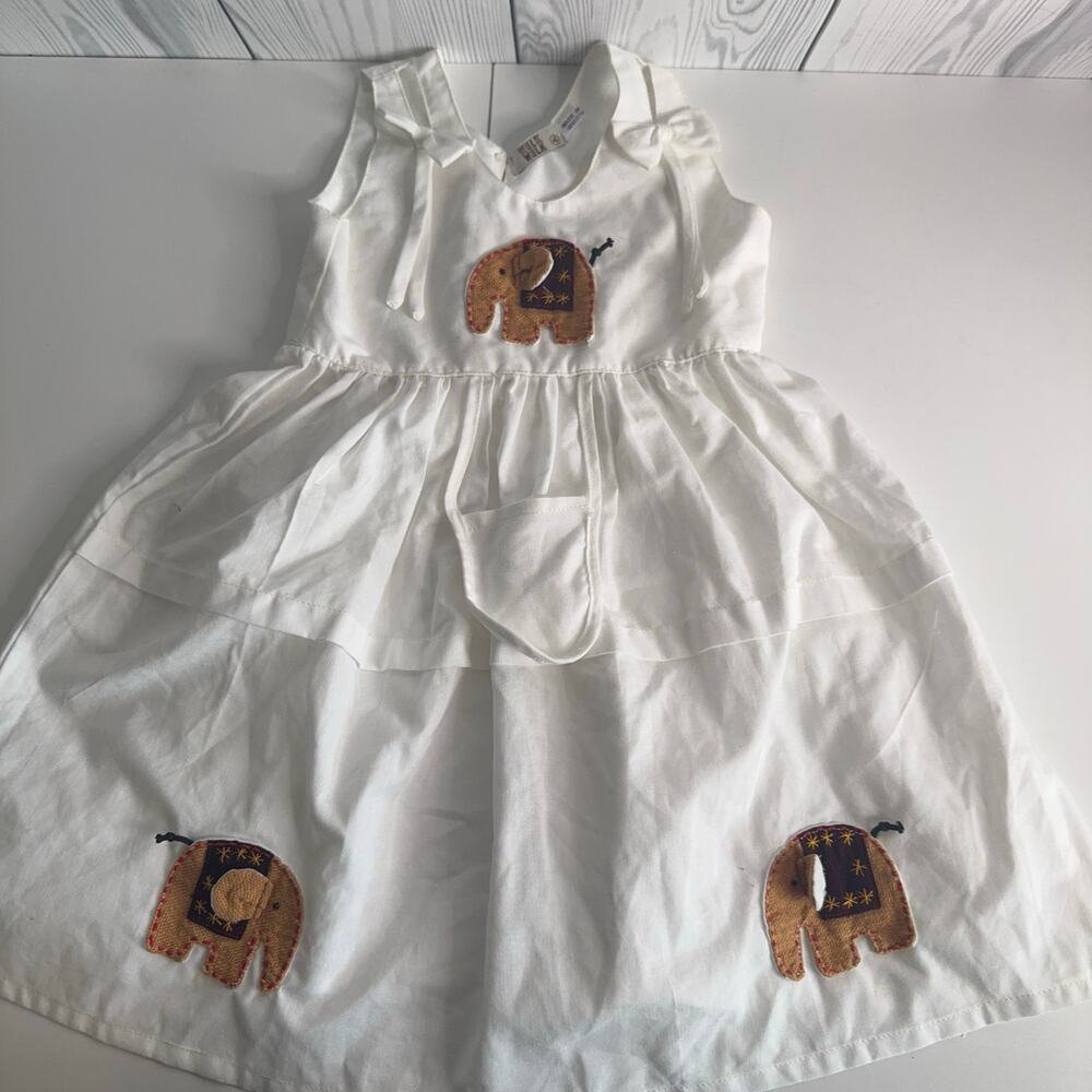 Vintage Walk Walk Baby Girls White Elephant Dress SZ 4 Pocket 100% Cotton